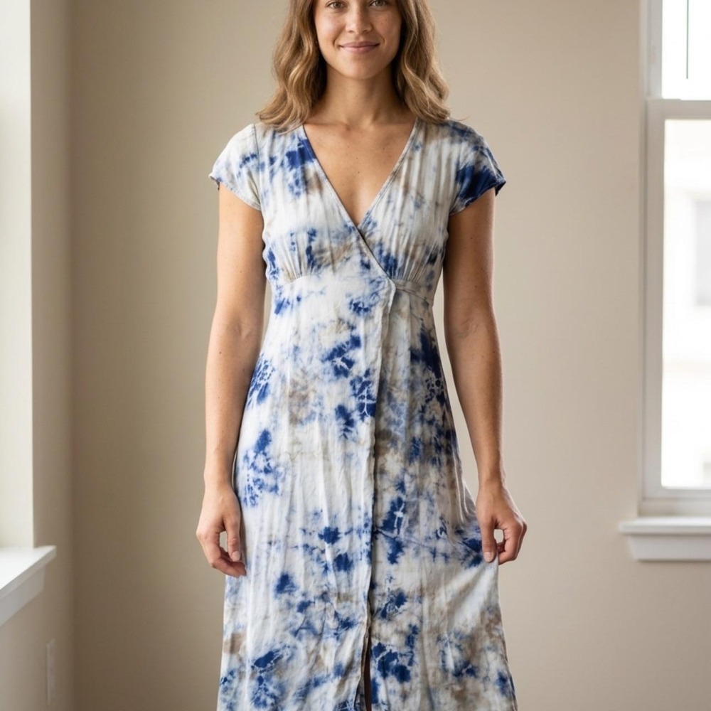 AAKAA Blue Tie-Dye Wrap Midi Dress | Size Small | Boho Coastal